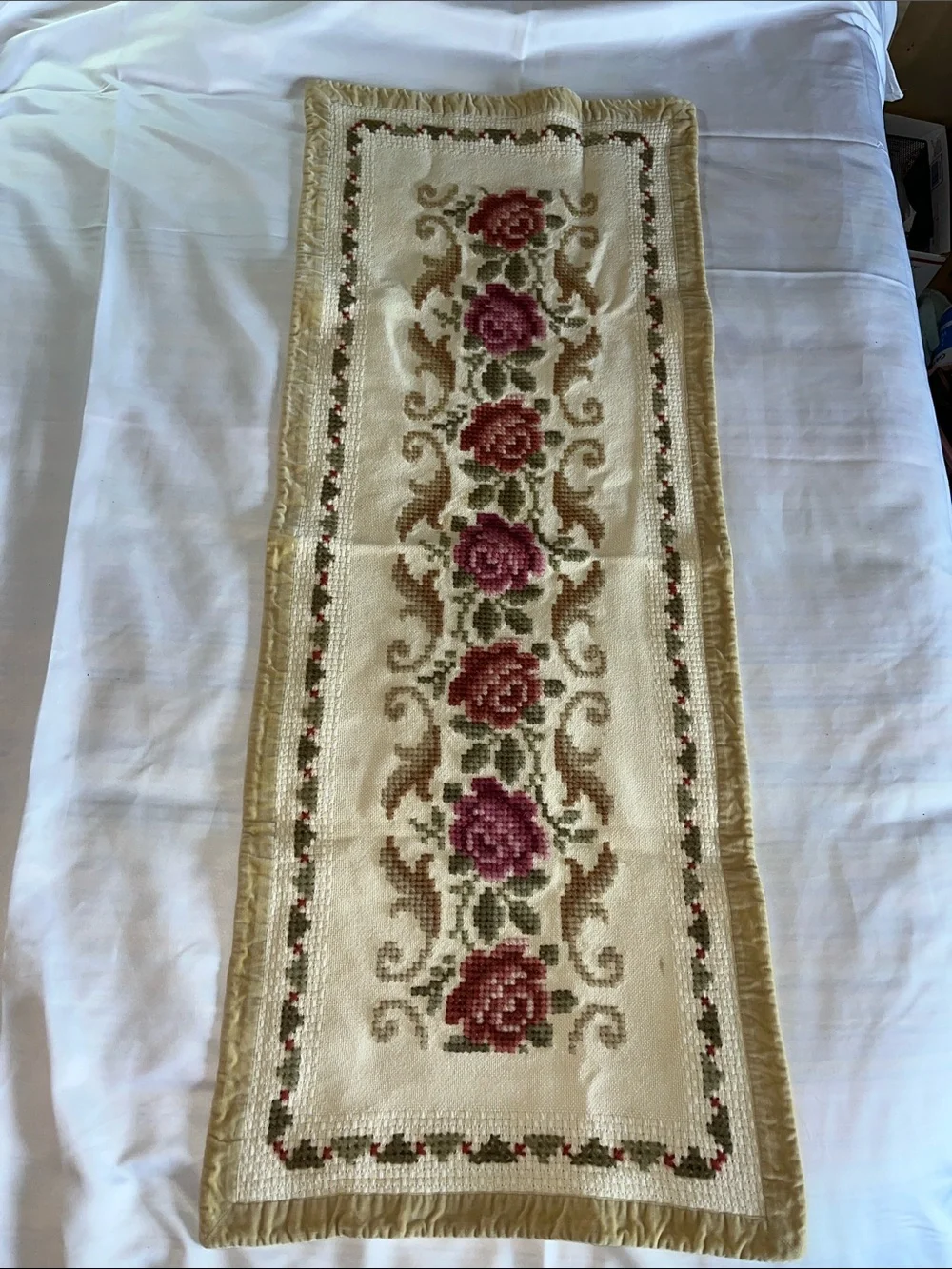 Vintage Handmade Floral Embroidered Table Runner in Cream and Pink 15”x39”